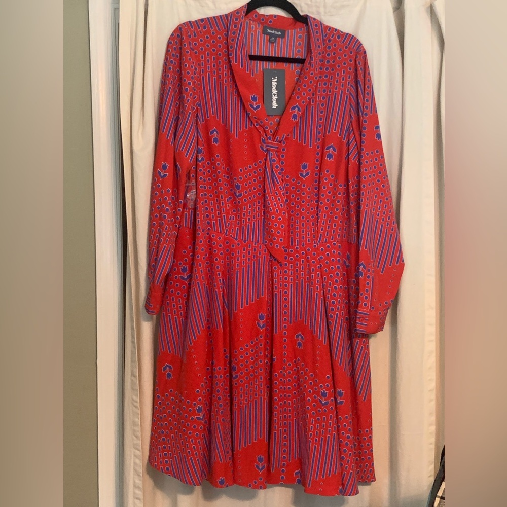 Modcloth Vibrant Red and Blue ‘Pleasant Confidence’ Long Sleeve Dress - Picture 4 of 9